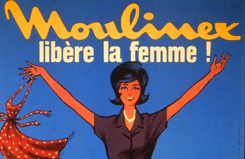 Campagne de publicité pour la marque Moulinex, "Moulinex libère la femme". Sur un fond bleuté, la jeune femme dessinée sur l’affiche porte des vêtements que l’on imagine faits pour la vie extérieure. Elle jette son tablier afin de se présenter sous un autre champ que la vie à la maison. Moulinex est l’une des premières marques à prendre en compte cette dimension sociale des femmes. Avec ses équipements ménagers, la marque accompagne l'émergence de la société de consommation des Trente Glorieuses. La société est introduite en Bourse en 1969.