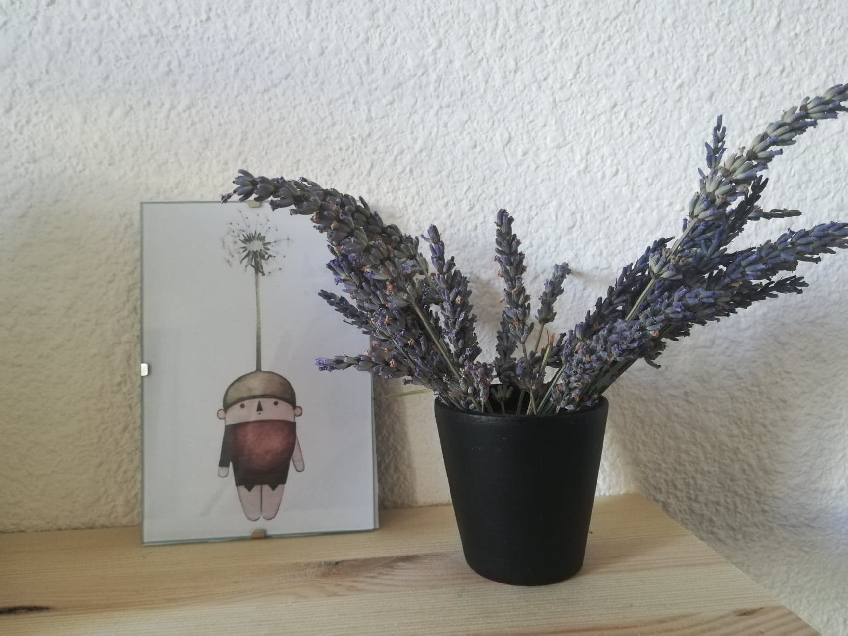 Sur un étagère en bois un petit pot de fleur noir héberge un bouquet de lavande. À côté, un cadre photo met en valeur un dessin. Celui-ci représente un petit personnage avec une sorte de chapeau pissenlit, il a l'air de voler.