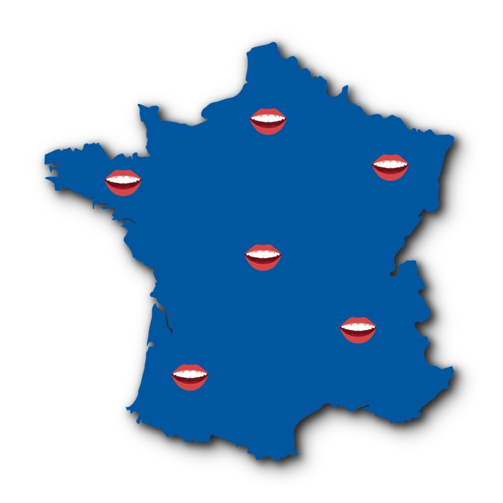 Image de la France, intégralement colorée en bleu avec plusieurs bouches représentant les différentes langues régionales employées en France.