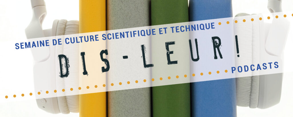 Titre, Dis-leur ! sur un fond de livres enserrés par un casque audio