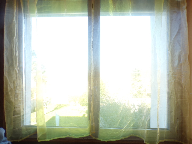Photographie de la fenêtre de Nathan Florent avec des rideaux et la fenêtre fermée.