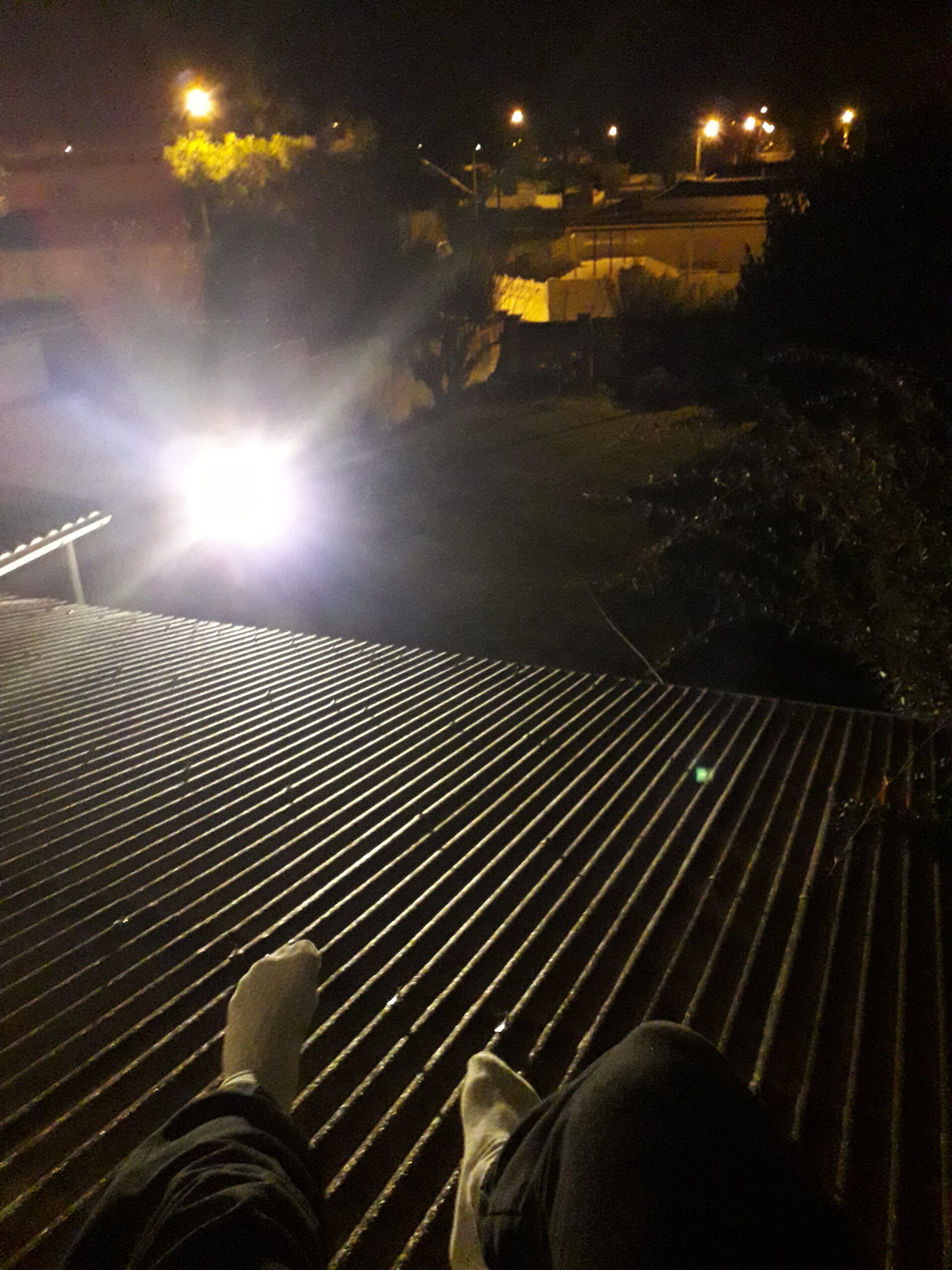 Photographie du jardin de Nathan Florent depuis le rebord de sa fenêtre de nuit, les jambes dans le vide.
